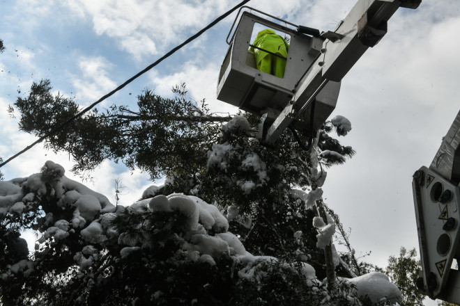 Συνεργεία του δήμου Καισαριανής καθαρίζουν τα κλαδιά και τα δέντρα από το χιόνι- φωτογραφία Εurokinissi