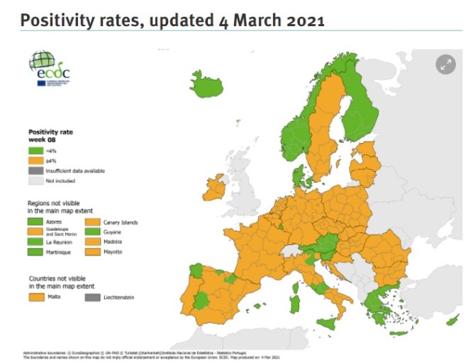 O χάρτης με τον δείκτη θετικότητας στην Ευρώπη