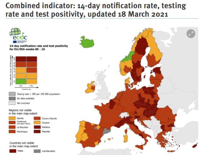 Ο αναθεωρημένος ευρωπαϊκός χάρτης για την πανδημία στις 18/3 - πηγή ECDC