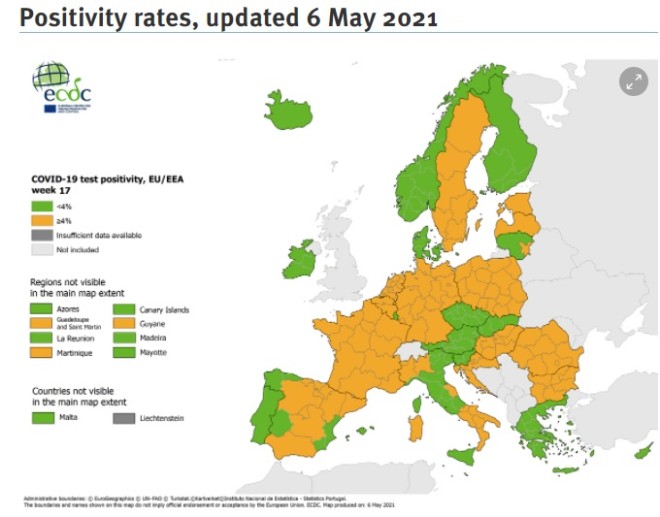 O χάρτης του ECDC που αποτυπώνει την κατάσταση στην Ευρώπη βάσει του δείκτη θετικότητας