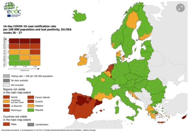 Ο ευρωπαϊκός χάρτης όσον αφορά στον συνδυασμό του αριθμού κρουσμάτων, των τεστ κορωνοϊού και του δείκτη θετικότητας- πηγή ECDC