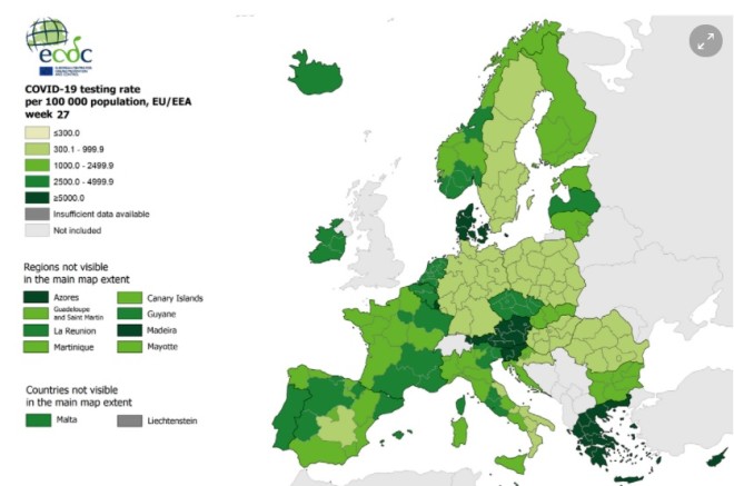 Ο ευρωπαϊκός χάρτης που δείχνει τον αριθμό των διαγνωστικών τεστ- πηγή ECDC