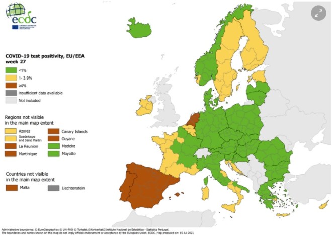 Ο ευρωπαϊκός χάρτης που δείχνει τον δείκτη θετικότητας- πηγή ECDC