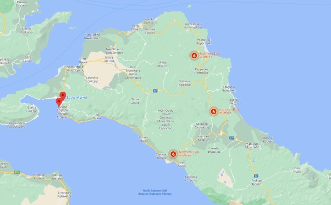 Tα μέτωπα στην Εύβοια- εικόνα Google maps