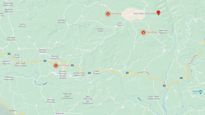 Tα πύρινα μέτωπα στην Ηλεία- φωτογραφία από Google maps