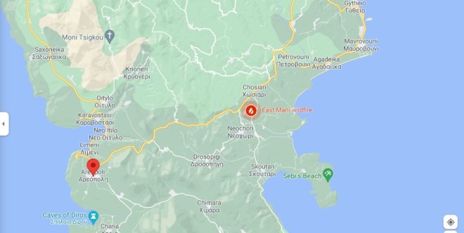 Φωτιά στην ανατολική Μάνη- πηγή Google maps