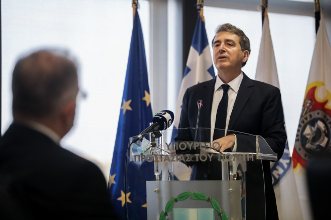 Ο Μιχάλης Χρυσοχοΐδης κατά την τελετή παράδοσης – παραλαβής του υπουργείου- Eurokinissi