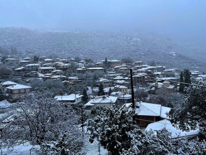 Το χωριό Καρυά στην Αργολίδα- γνωστό ως Κολοκοτρωνίτσι- ντυμένο στα λευκά/ φωτογραφία Eurokinissi