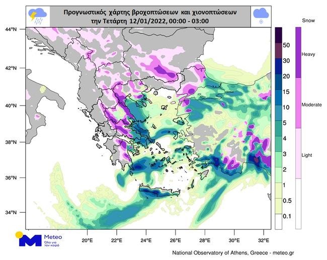 Στον προγνωστικό χάρτη του meteo.gr αποτυπώνεται η γεωγραφική κατανομή των χιονοπτώσεων (μωβ αποχρώσεις) τις πρώρες ώρες της Τετάρτης 12/01