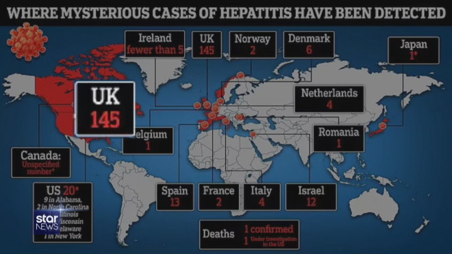 Χάρτης με τα κρούσματα ηπατίτιδας σε παιδιά που έχουν σημειωθεί παγκοσμίως