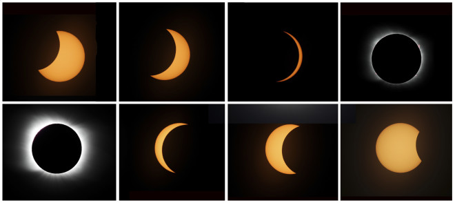 Αυτό το κολάζ φωτογραφιών δείχνει την ακολουθία μιας ολικής έκλειψης ηλίου από την Piedra del Aguila, Αργεντινή, Δευτέρα, 14 Δεκεμβρίου 2020.  (AP Photo/Natacha Pisarenko)