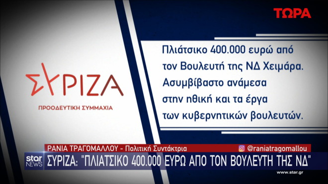 ΣΥΡΙΖΑ: απόσπασμα της ανακοίνωσης για τον βουλευτή της ΝΔ Θ. Χειμάρα  