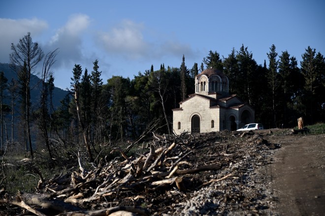 Από χθες πραγματοποιούνται εντατικές εργασίες, ώστε να απομακρυνθούν από τον περίβολο του ναού της Αναστάσεως οι καμένοι κορμοί δέντρων από τη φωτιά του 2021 - Eurokinissi