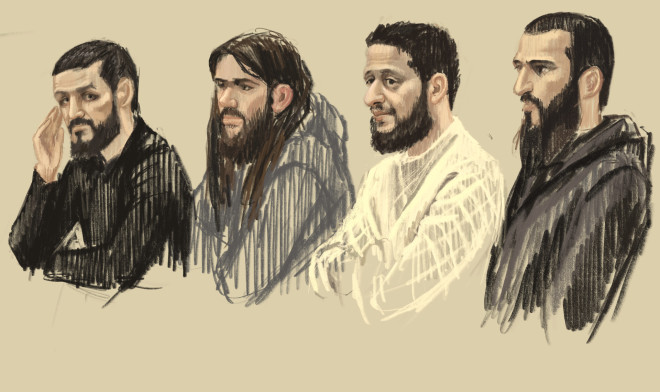 Σκίτσο από τη δίκη των τεσσάρων τρομοκρατών για τις επιθέσεις στις Βρυξέλλες- Από αριστερά: Mohamed Abrini, Osama Krayem, Salah Abdeslam και Sofiane Ayari / Δεκέμβριος 2022 - Petra Urban via AP