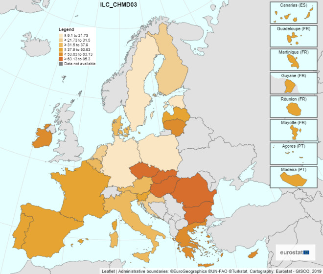 Ο χάρτης της Eurostat με το ποσοστό υλικής αποστέρησης σε παιδιά με γονείς χαμηλής μόρφωσης   