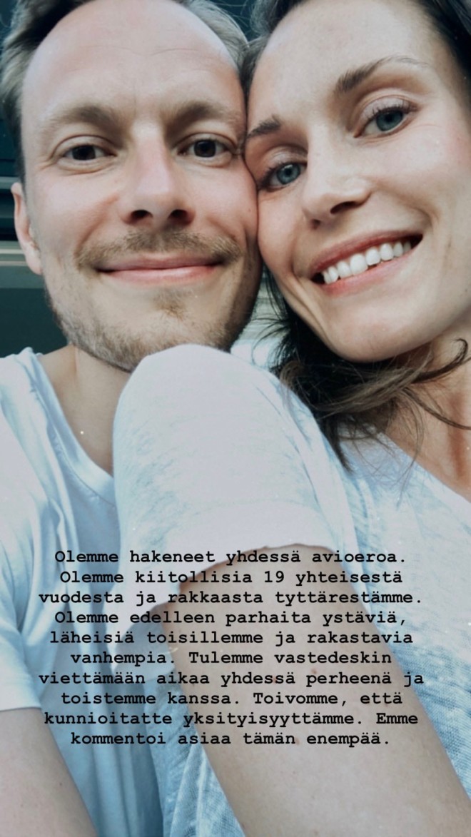 Μέσω Instagram η Σάνα Μαρίν και ο Μάρκους Ραϊκόνεν ανακοίνωσαν την απόφασή τους να πάρουν διαζύγιο