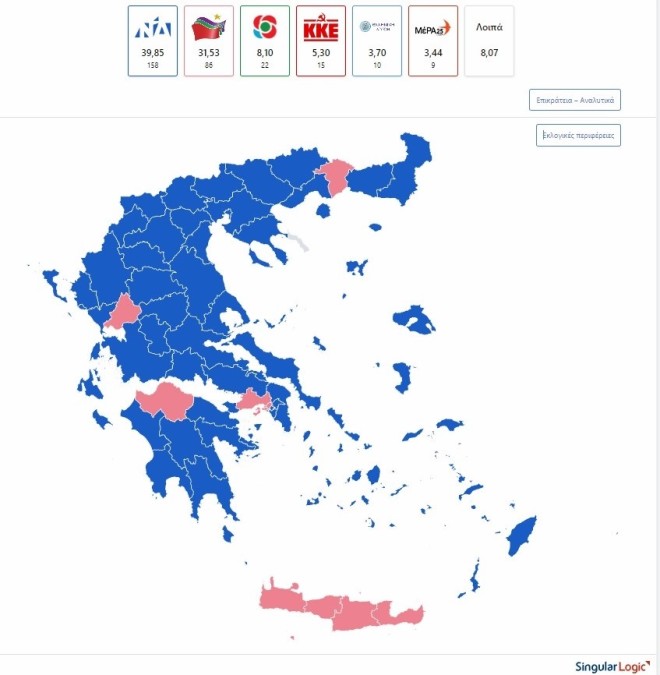 Εκλογές 2019: Ο χάρτης με τα εκλογικά αποτελέσματα και τα ποσοστά των κομμάτων 