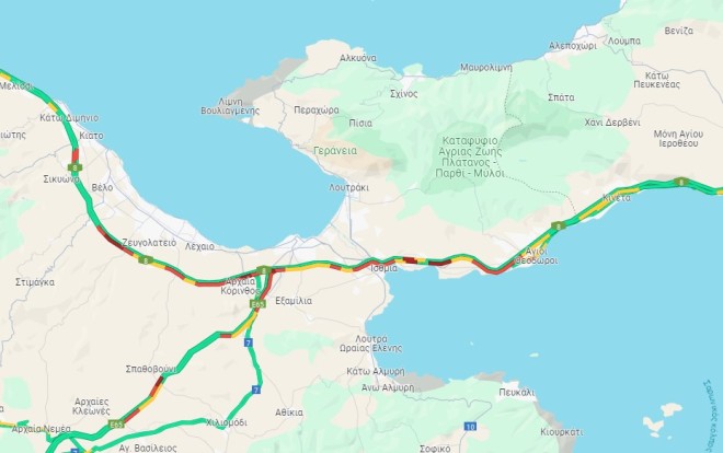 Η κυκλοφορία στην εθνική οδό Αθηνών - Κορίνθου στο ρεύμα προς Αθήνα σήμερα το μεσημέρι (google maps)  