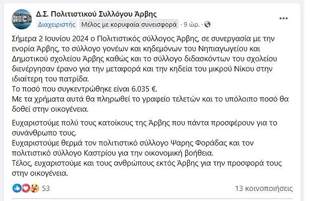 Κρήτη: Συγκέντρωσαν πάνω από 6.000 ευρώ για την οικογένεια του 7χρονου