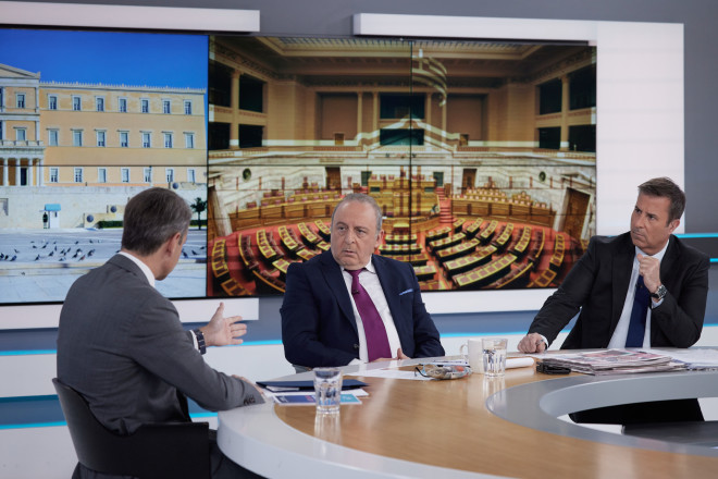 Ο Δημήτρης Καμπουράκης, ο Παναγιώτης Στάθης και ο Κυριάκος Μητσοτάκης στο ΟΡΕΝ / Eurokinissi