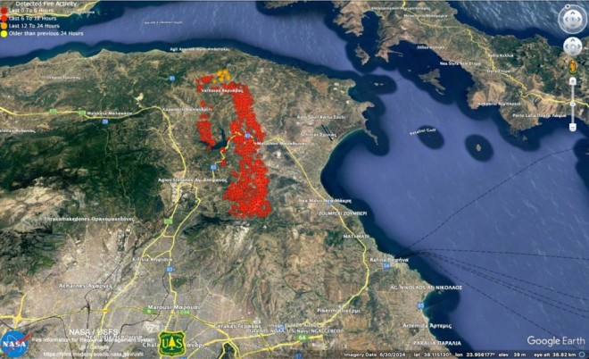 Το μέτωπο της φωτιάς στην Αττική - Google Earth