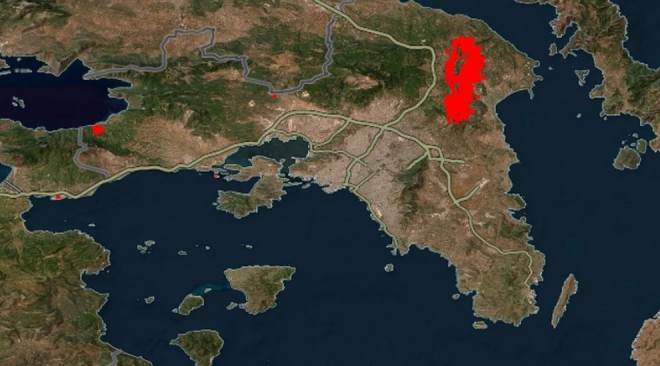 Εικόνα δορυφόρου από το μέτωπο της φωτιάς στην Αττική - NASA