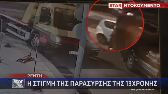 Σοκάρει η στιγμή που ο οδηγός του αυτοκινήτου χάνει τον έλεγχο του οχήματος και πέφτει πάνω στο κοριτσάκι στου Ρέντη