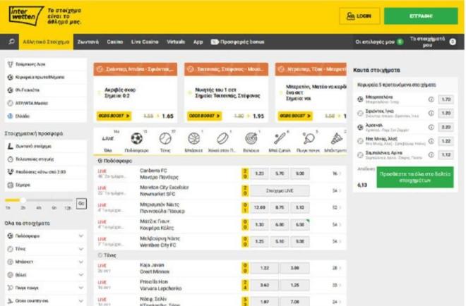 Interwetten στοιχηματική αρχική σελίδα που απεικονίζει τα odds boost, τη στοιχηματική προσφορά και το δελτίο