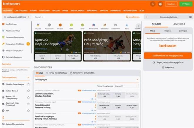 Betsson στοιχηματική αρχική σελίδα που απεικονίζει το δελτίο, τις ενισχυμένες αποδόσεις και τις τοπ διοργανώσεις