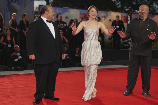 Stavros Halkias- Emma Stone- Yorgos Lanthimos/ Photo by Scott A Garfitt/Invision/AP