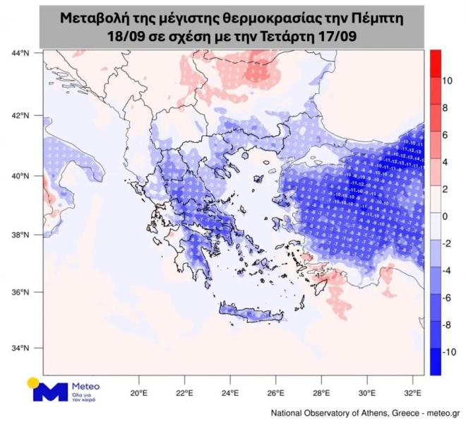 χάρτης με θερμοκρασίες meteo