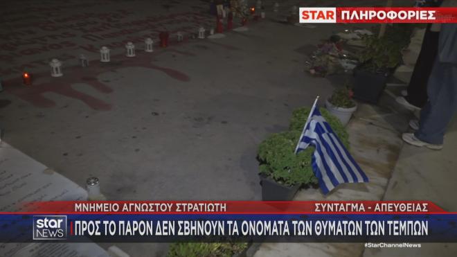 Κεριά στο σημείο με τα ονόματα των θυμάτων των Τεμπών στο Σύνταγμα 
