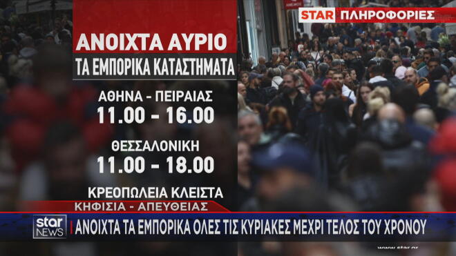 Το ωράριο των καταστημάτων την Κυριακή 14/12