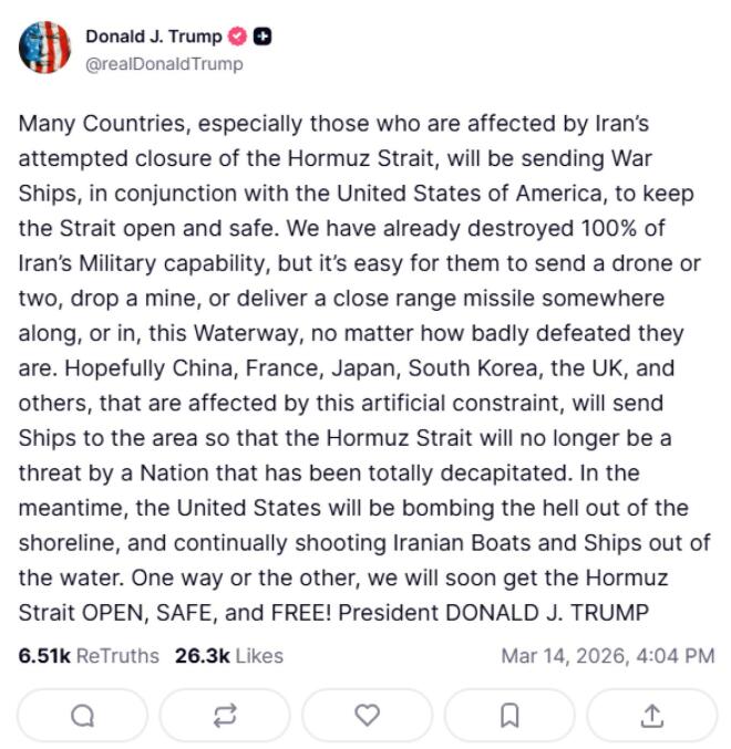 ανάρτηση Τραμπ για Στενά του Ορμούζ