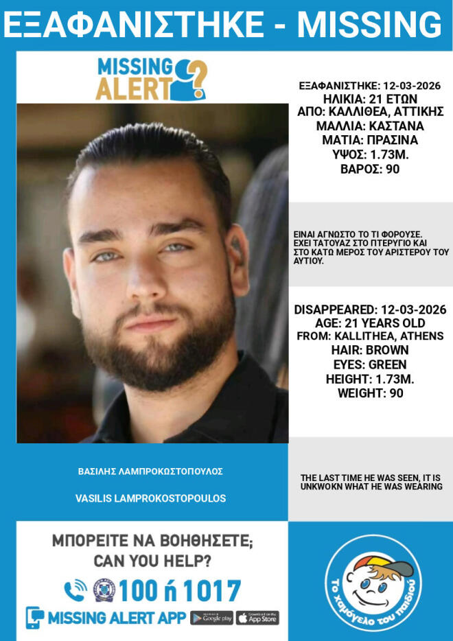 Εξαφάνιση 21χρονου στην Καλλιθέα - Missing alert