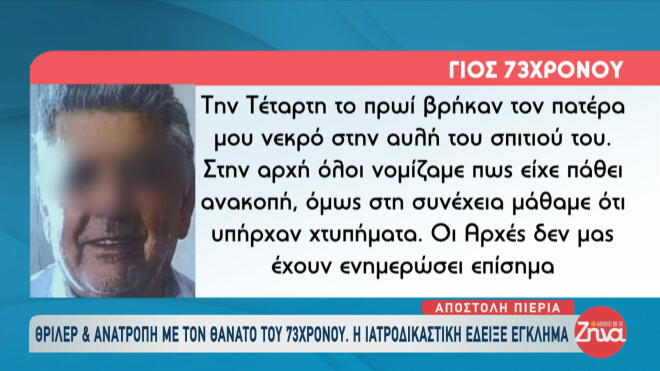 Μυστήριο καλύπτει την υπόθεση του θανάτου 72χρονου άνδρα που εντοπίστηκε νεκρός στην αυλή του σπιτιού του στο χωριό Κάτω Άγιος Ιωάννης στην Πιερία.