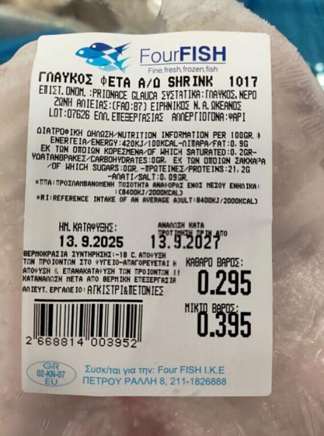 Ο ΕΦΕΤ ανακαλεί κατεψυγμένο Γλαύκο