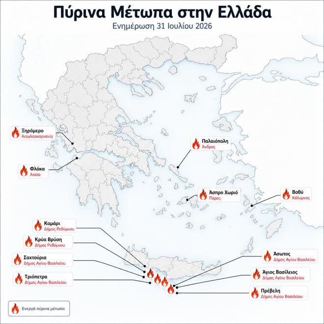 χάρτης με ενεργά μέτωπα φωτιάς στην ελλάδα 31/7/2026
