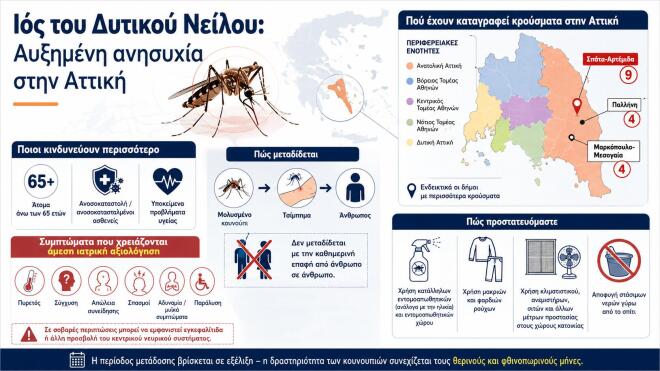 infographic για έξαρση ιού του δυτικού νείλου στην Αττική