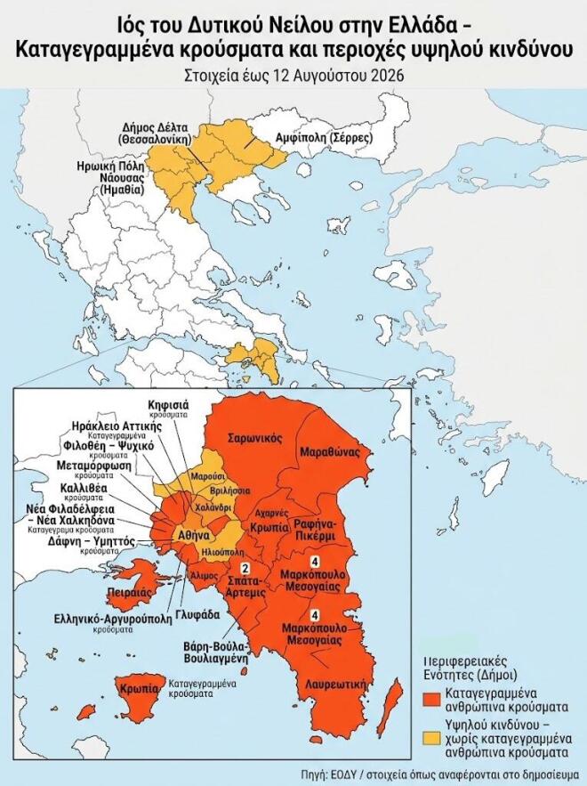Ιός Δυτικού Νείλου: 45 κρούσματα σε μία εβδομάδα - Οι «κόκκινες» περιοχές