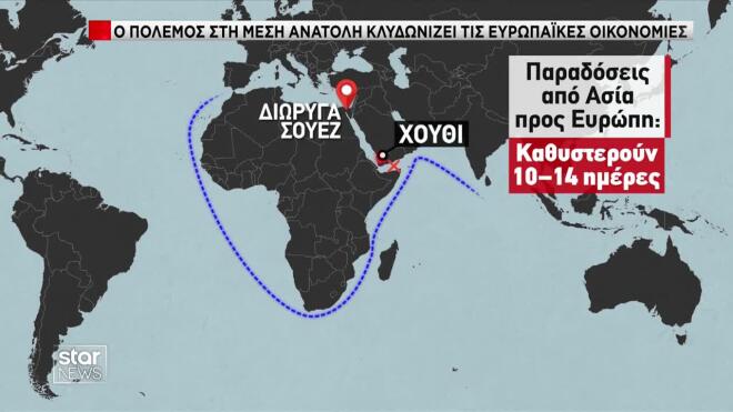 Η κατά πολύ μεγαλύτερη θαλάσσια διαδρομή καυσίμων και εμπρευμάτων λόγω των επιθέσεων των Χούθι