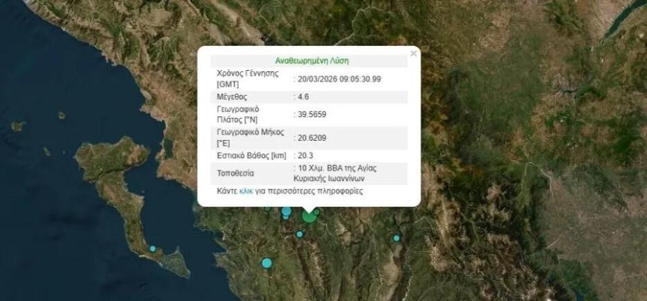Σεισμός 4,6 Ρίχτερ στα Ιωάννινα