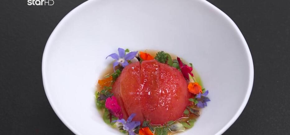 Ντομάτα σε escabeche και γαλάκτωμα μπακαλιάρου