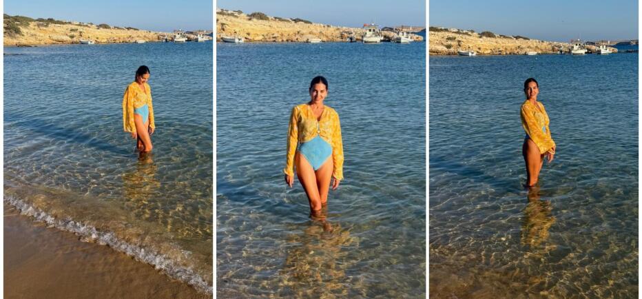 Τσιμτσιλή: Το chic beach look με γαλάζιο ολόσωμο μαγιό & κίτρινο πουκάμισο